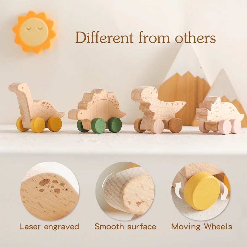 Wooden Baby Dinosaur Car Toy β Montessori Beech Wood Teether & Educational Toy for Infants