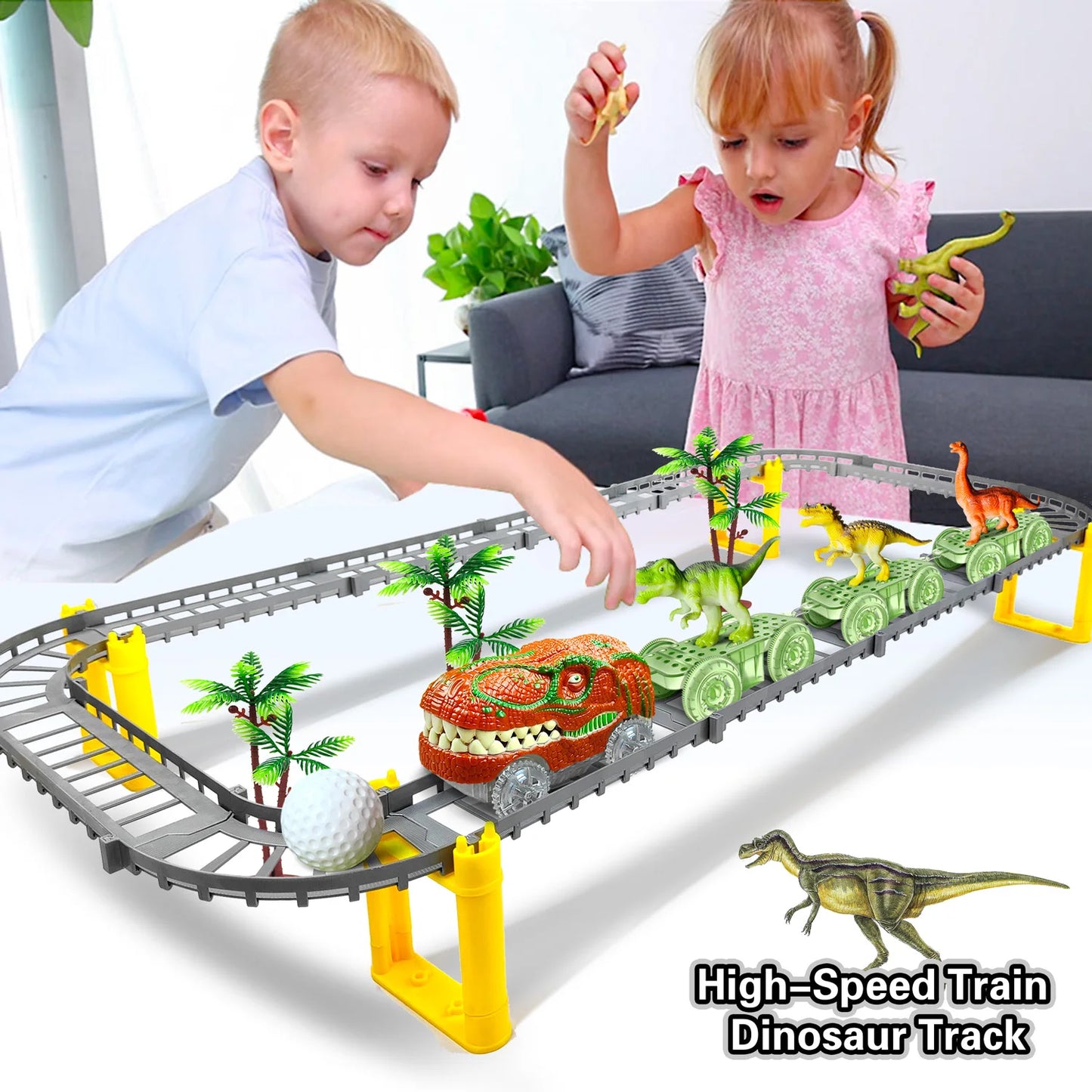 Adventure Dinosaur Train Track Set β LED Light-Up Race Cars for Kids