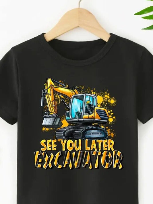 Kids Excavator Print T-Shirt – Summer Cartoon Construction Vehicle Tee for Boys