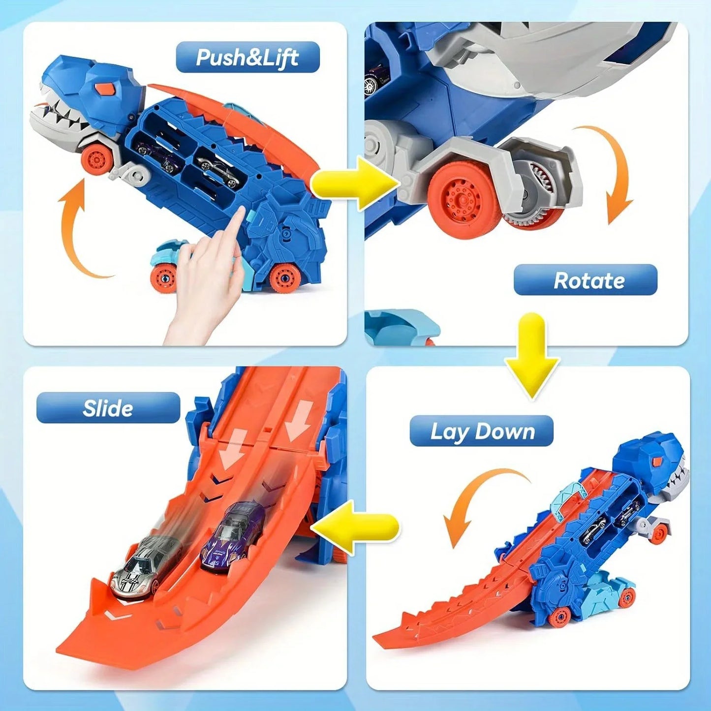 2-in-1 Dinosaur Transport Truck – Transforming T-Rex with Foldable Race Track