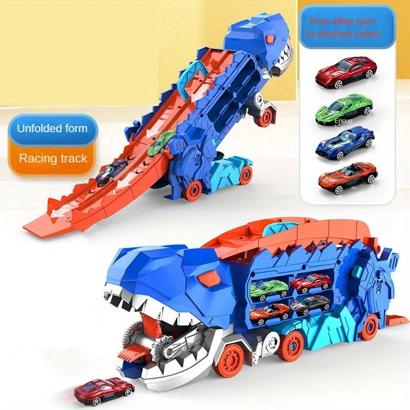 2-in-1 Dinosaur Transport Truck – Transforming T-Rex with Foldable Race Track