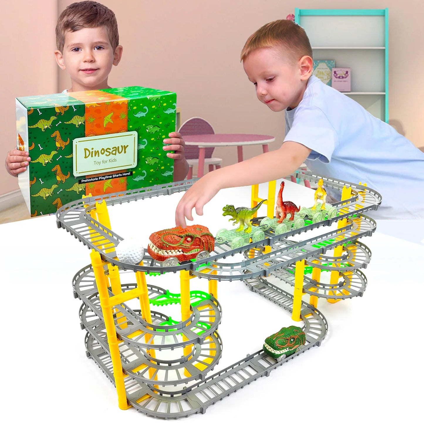 Adventure Dinosaur Train Track Set – LED Light-Up Race Cars for Kids
