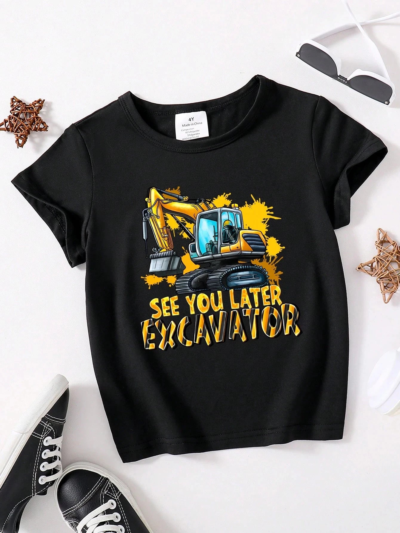 Kids Excavator Print T-Shirt – Summer Cartoon Construction Vehicle Tee for Boys