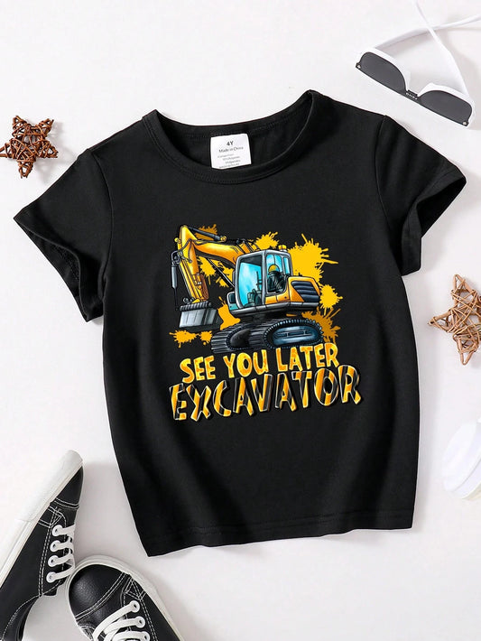 Kids Excavator Print T-Shirt – Summer Cartoon Construction Vehicle Tee for Boys