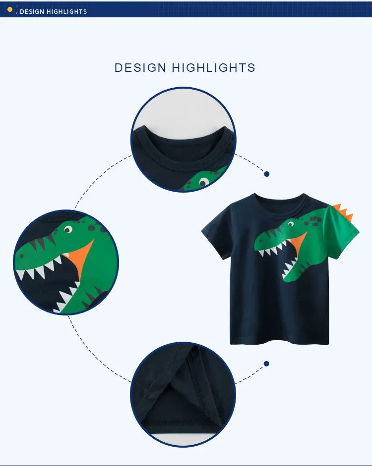 Summer Kids 3D Cartoon Dinosaur T-Shirt – 100% Cotton Boys & Girls Animal Print Tee
