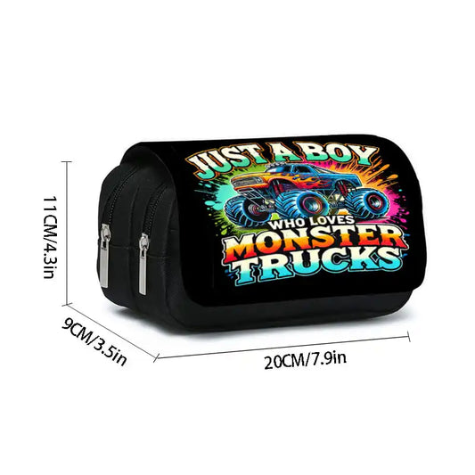 3D Monster Truck Pencil Case – Double Flip Cartoon Pen Pouch for Kids