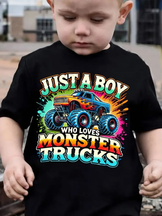 Just a Boy Who Loves Monster Trucks T-Shirt – Classic Car Print Boys’ Summer Casual Short Sleeve Top