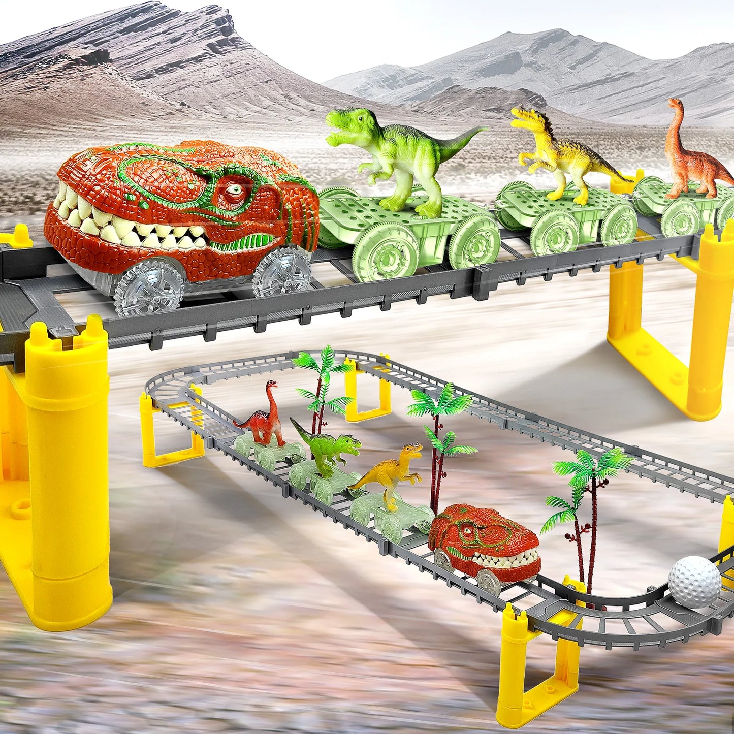 Adventure Dinosaur Train Track Set – LED Light-Up Race Cars for Kids