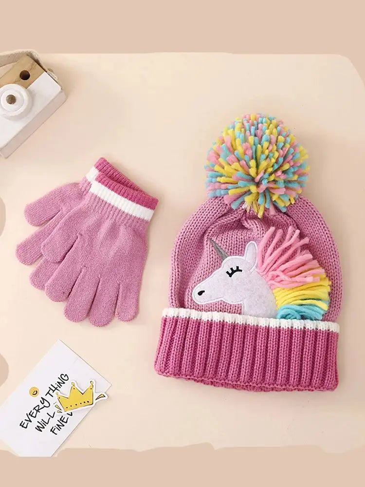 Girls Unicorn Winter Hat & Mittens (2–6Y)