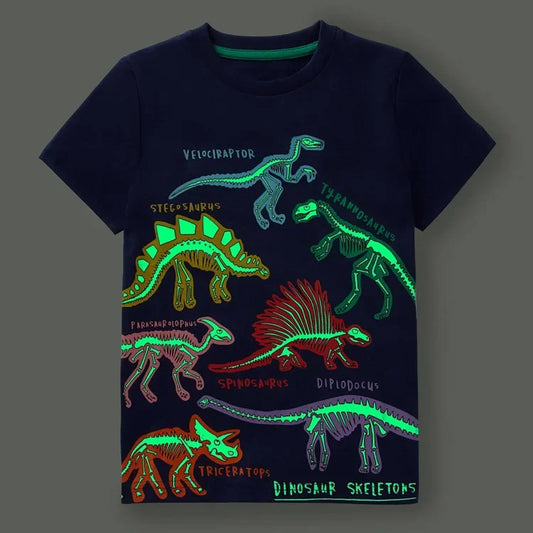 Kids Luminous Shark & Dinosaur T-Shirt – Glow-in-the-Dark 100% Cotton Summer Short Sleeve Tee (2–7 Years)