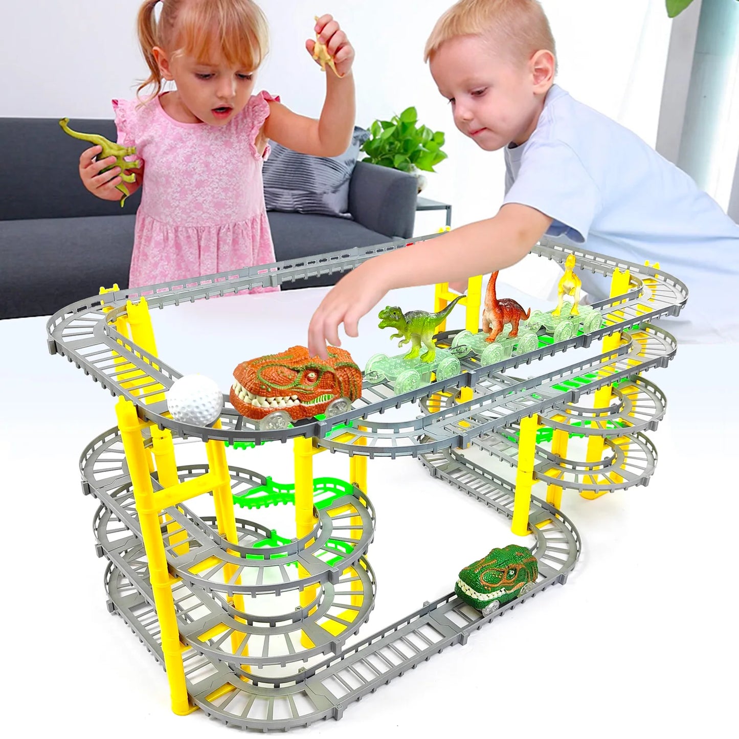 Adventure Dinosaur Train Track Set – LED Light-Up Race Cars for Kids