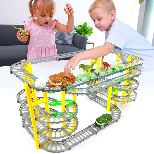 Adventure Dinosaur Train Track Set – LED Light-Up Race Cars for Kids