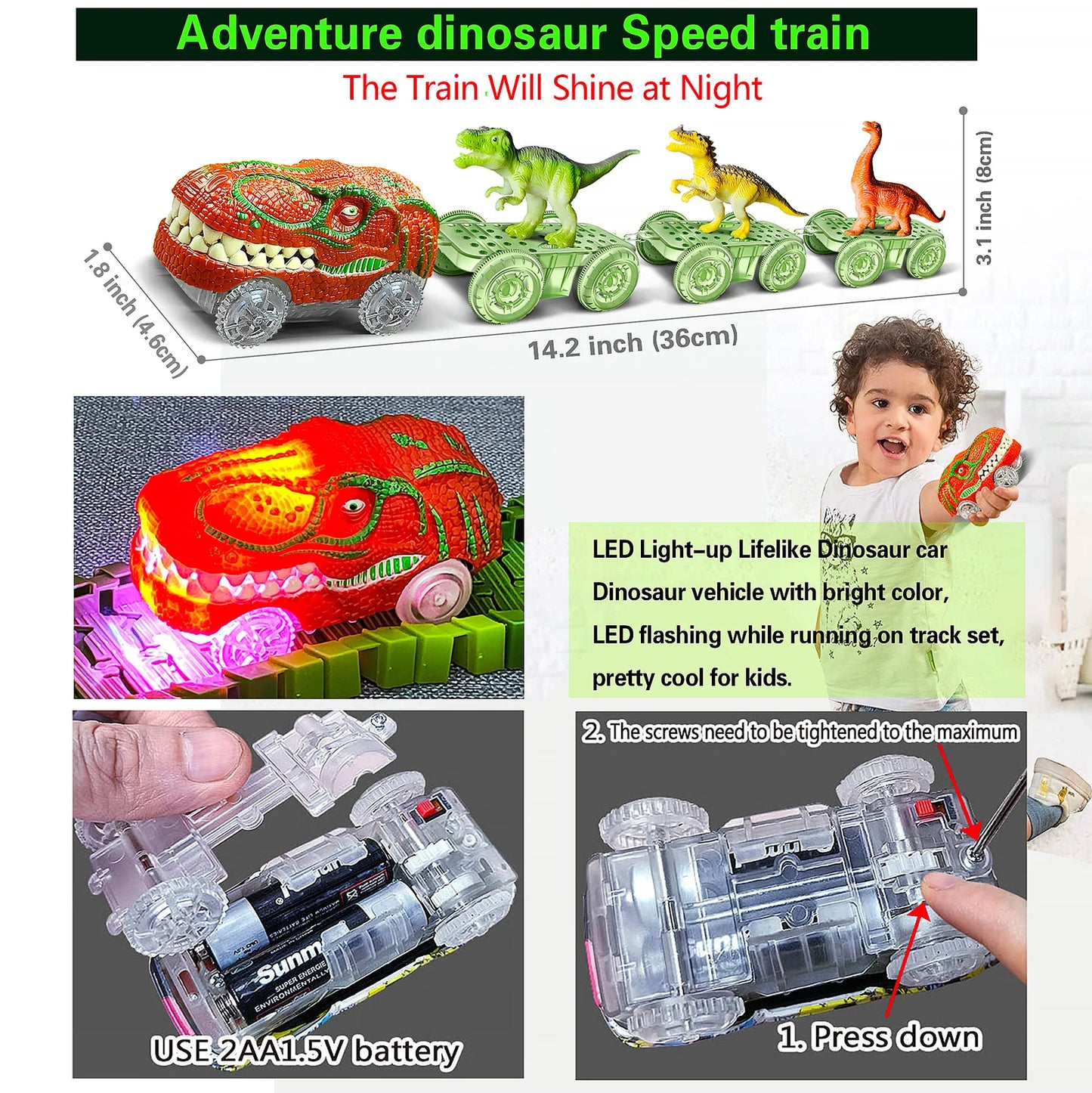 Adventure Dinosaur Train Track Set – LED Light-Up Race Cars for Kids