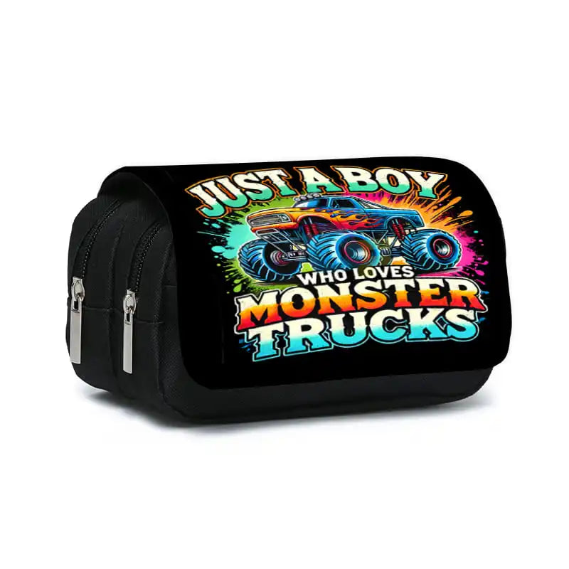 3D Monster Truck Pencil Case – Double Flip Cartoon Pen Pouch for Kids
