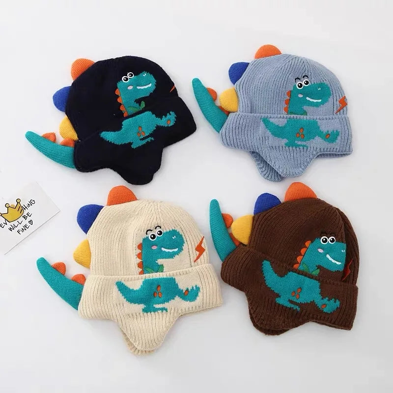 Kids 3D Dino Knit Beanie with Earflaps (2–6Y Kids)