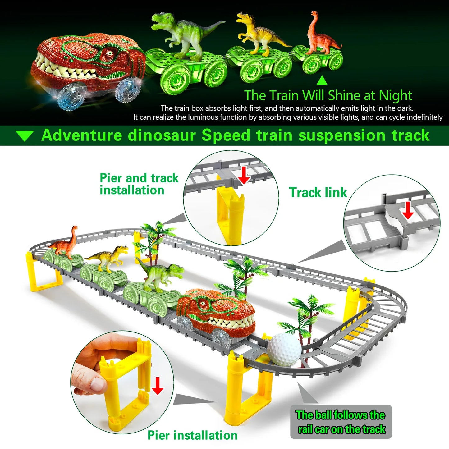 Adventure Dinosaur Train Track Set – LED Light-Up Race Cars for Kids