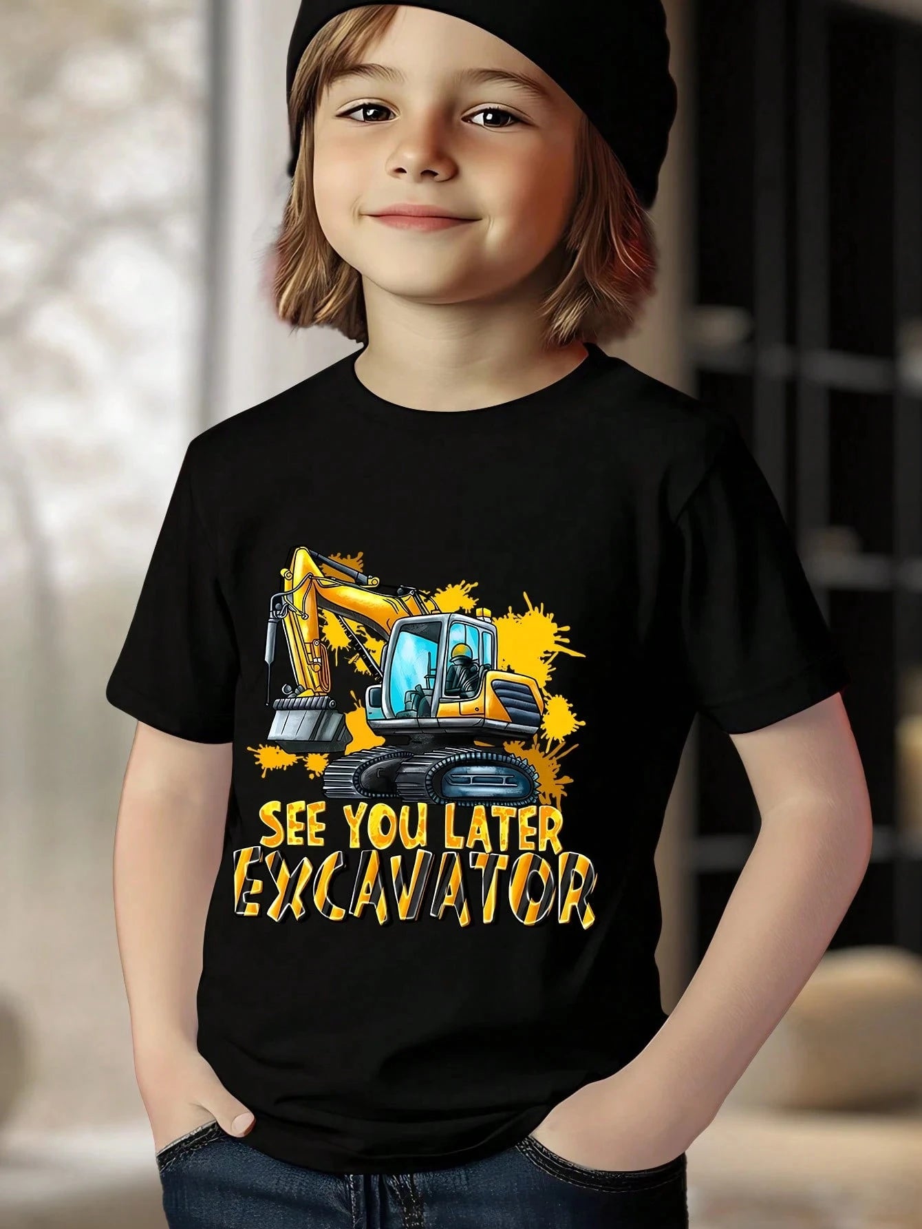 Kids Excavator Print T-Shirt – Summer Cartoon Construction Vehicle Tee for Boys