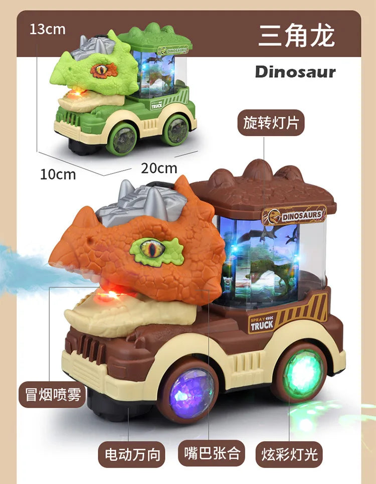 Dinosaur Spray Electric Car Toy – Light & Sound Interactive Triceratops & T-Rex for Kids
