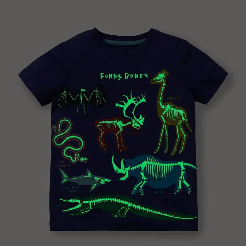 Kids Luminous Shark & Dinosaur T-Shirt – Glow-in-the-Dark 100% Cotton Summer Short Sleeve Tee (2–7 Years)