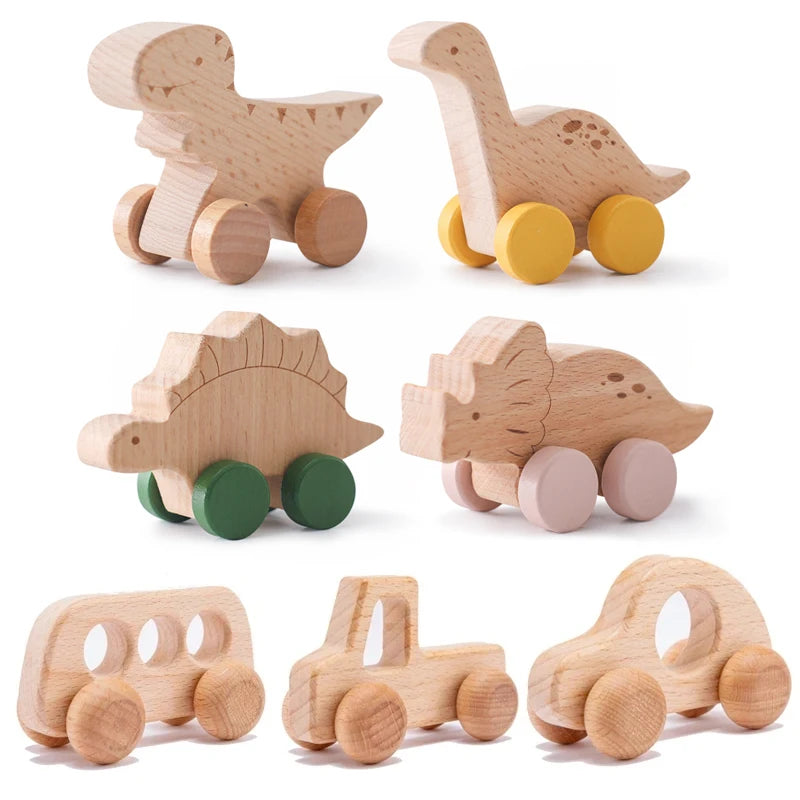 Wooden Baby Dinosaur Car Toy – Montessori Beech Wood Teether & Educational Toy for Infants