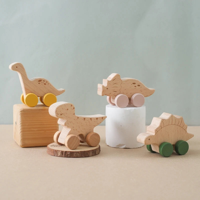 Wooden Baby Dinosaur Car Toy – Montessori Beech Wood Teether & Educational Toy for Infants