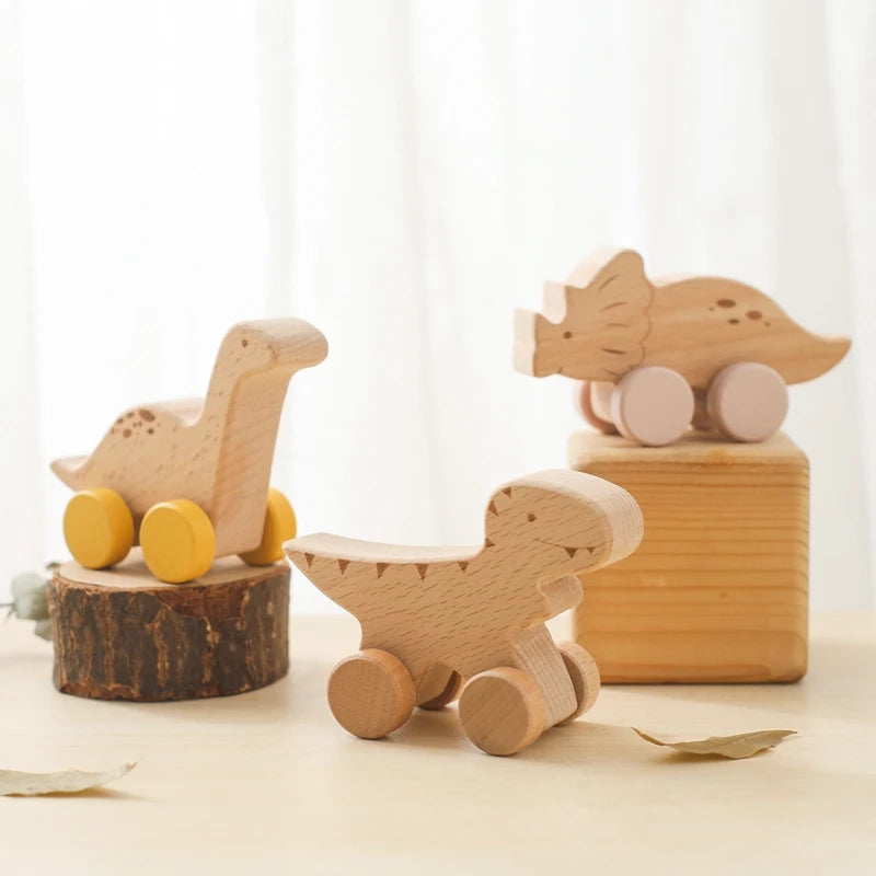 Wooden Baby Dinosaur Car Toy – Montessori Beech Wood Teether & Educational Toy for Infants